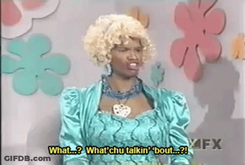 Woman In Blue Dress Says What Chu Talkin ' Bout GIF