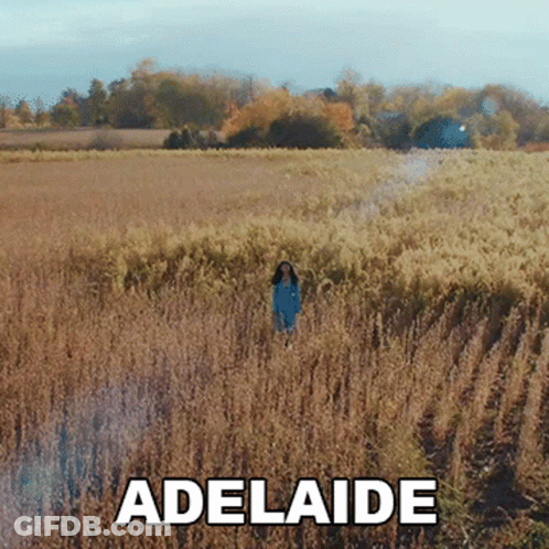 A Woman In A Blue Dress Is Standing In A Field With The Word Adelaide On The Bottom GIF