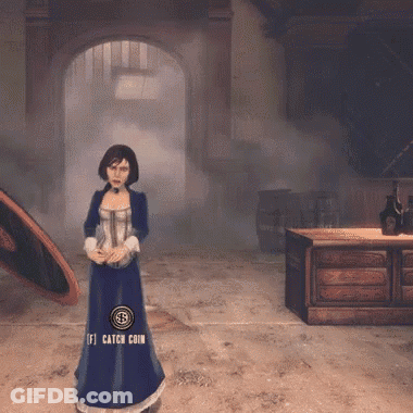 A Woman In A Blue Dress Is Standing In A Room With A Sign That Says Catch Coin GIF