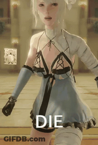 A Woman In A Blue Dress Is Standing In A Room With The Word Die On The Bottom GIF