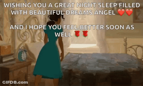 A Woman In A Blue Dress Is Standing In Front Of A Bed With The Words Wishing You A Great Night Sleep Filled GIF