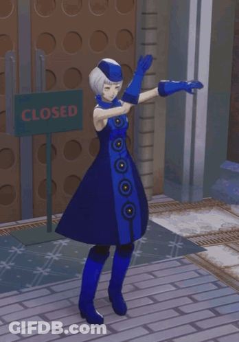 A Woman In A Blue Dress Is Standing In Front Of A Closed Sign GIF