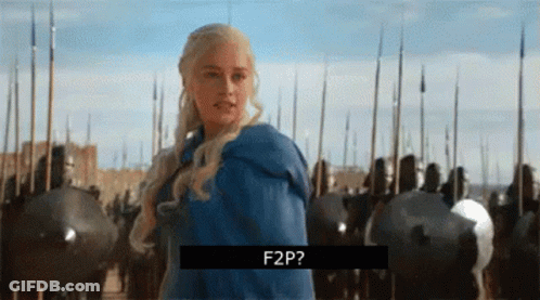 A Woman In A Blue Dress Is Standing In Front Of A Crowd Of Soldiers And A Sign That Says F2p ? GIF