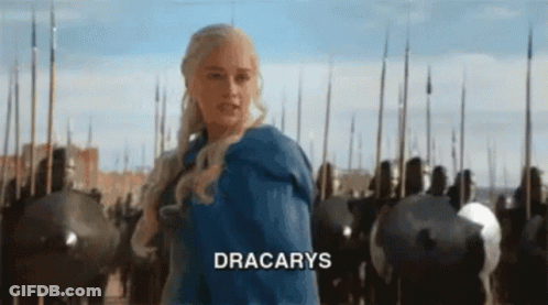 A Woman In A Blue Dress Is Standing In Front Of A Crowd Of Soldiers And The Word Dracarys Is Written On The Bottom GIF