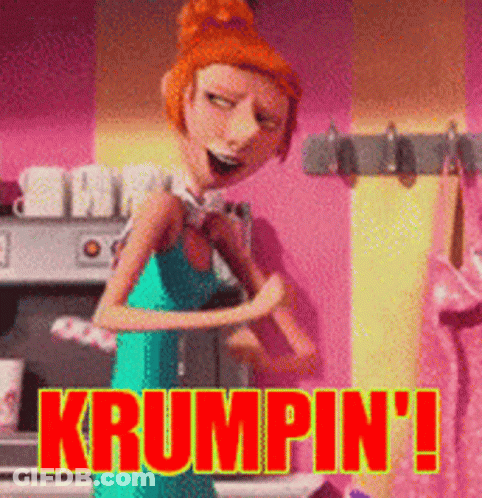 A Woman In A Blue Dress Is Standing In Front Of A Stove With The Words Krumpin ' Written Above Her GIF