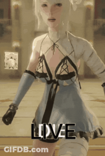 A Woman In A Blue Dress Is Standing In Front Of The Word Love GIF