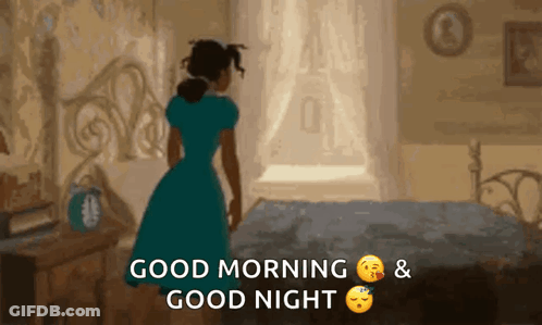 A Woman In A Blue Dress Is Standing Next To A Bed With The Words Good Morning And Good Night Written Below Her GIF
