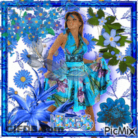 A Woman In A Blue Dress Is Surrounded By Blue Flowers And The Word Hugs GIF