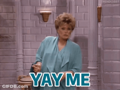 A Woman In A Blue Dress Says Yay Me In Blue Letters GIF