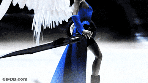 A Woman In A Blue Dress With White Wings Holds A Sword GIF