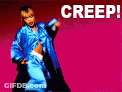 A Woman In A Blue Jacket Is Dancing In Front Of A Pink Background That Says Creep On It GIF