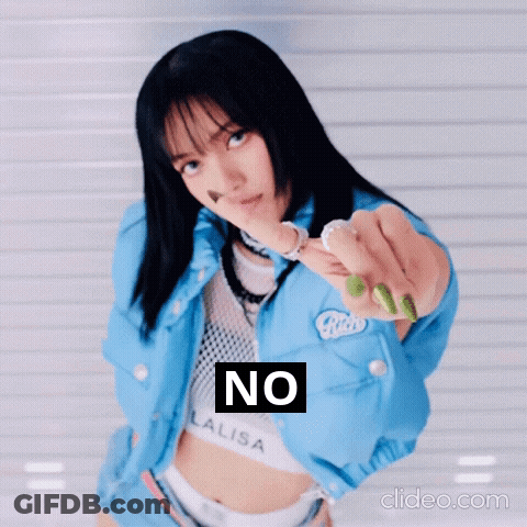 A Woman In A Blue Jacket Is Pointing At The Camera With The Word No Written On It GIF