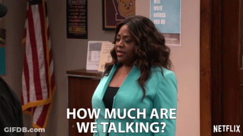 A Woman In A Blue Jacket Says How Much Are We Talking On Netflix GIF