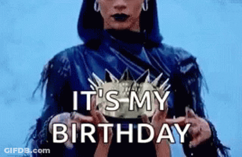 A Woman In A Blue Leather Jacket Is Holding A Crown In Her Hands And Says `` It 'S My Birthday '' . GIF