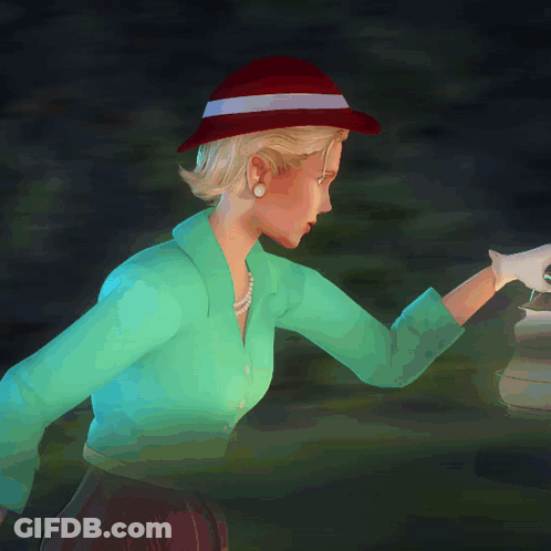 A Woman In A Blue Shirt And Red Hat Holds A Lantern GIF