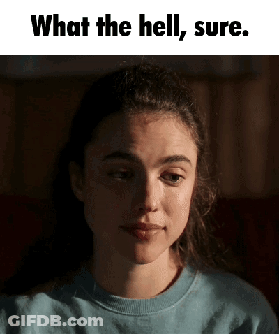 A Woman In A Blue Shirt Is Making A Funny Face With The Words " What The Hell Sure " Above Her GIF