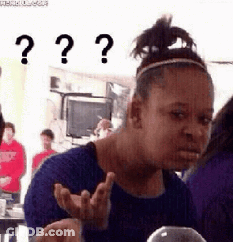 A Woman In A Blue Shirt Is Making A Funny Face With Three Question Marks . GIF