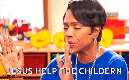 A Woman In A Blue Shirt Is Praying And Says Jesus Help The Childrn . GIF