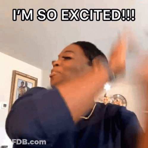 A Woman In A Blue Shirt Is Saying I 'M So Excited !! GIF