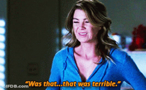 A Woman In A Blue Shirt Is Smiling And Saying " Was That That Was Terrible " GIF