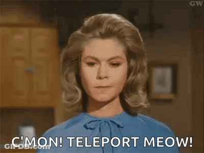 A Woman In A Blue Shirt Is Standing In A Kitchen . GIF