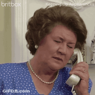 A Woman In A Blue Shirt Is Talking On A Phone With The Words Britbox Keeping Up Appearances Behind Her GIF