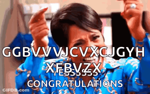 A Woman In A Blue Shirt Says Congratulations On The Screen GIF
