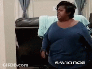 A Woman In A Blue Shirt With The Words Savonce On The Bottom GIF
