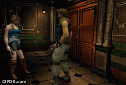 A Woman In A Blue Skirt Is Standing Next To A Man In A Blue Shirt GIF