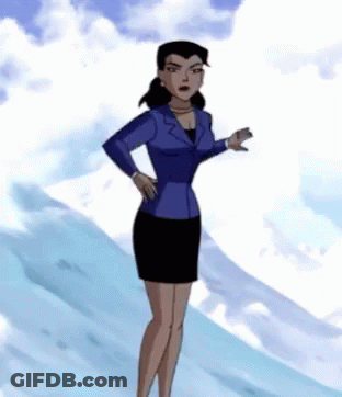 A Woman In A Blue Suit And Black Skirt Is Standing On A Snowy Hill GIF