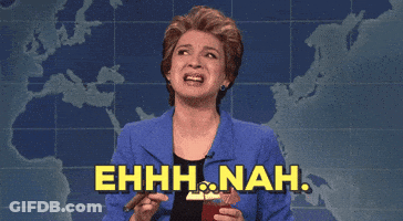 A Woman In A Blue Suit Says Ehhh Nah In Yellow Letters GIF