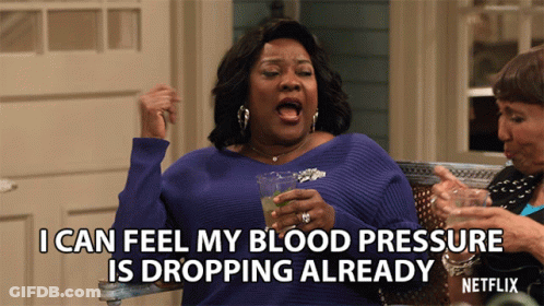 A Woman In A Blue Sweater Says I Can Feel My Blood Pressure Is Dropping Already On Netflix GIF