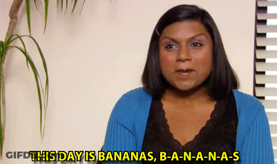 A Woman In A Blue Sweater Says " This Day Is Bananas " GIF
