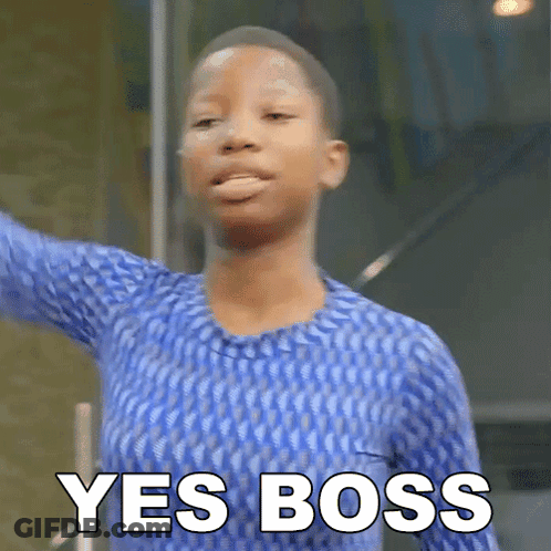 A Woman In A Blue Sweater Says " Yes Boss " GIF