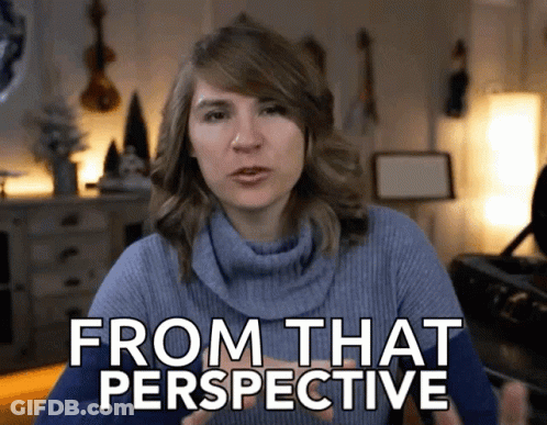 A Woman In A Blue Sweater With The Words From That Perspective On Her Face GIF