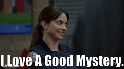 A Woman In A Bomber Jacket Is Smiling And Says I Love A Good Mystery . GIF
