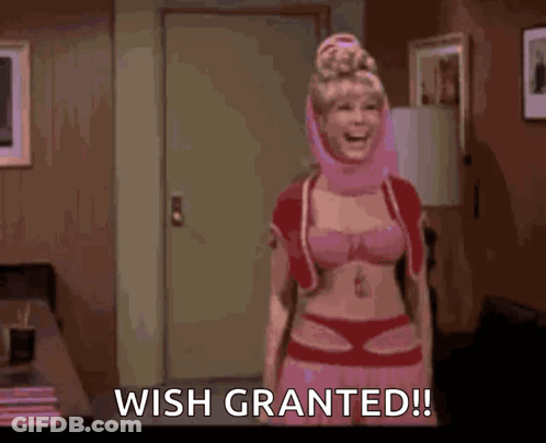 A Woman In A Bra And Skirt Is Standing In A Room With The Words Wish Granted GIF