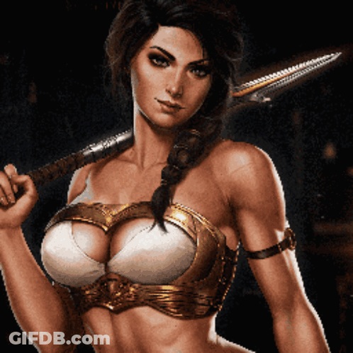 A Woman In A Bra Is Holding A Sword GIF