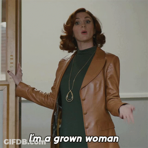 A Woman In A Brown Leather Coat Says " I 'M A Grown Woman " GIF
