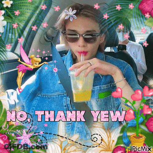 A Woman In A Car Drinking A Drink Through A Straw With The Words No Thank Yew Written Above Her GIF