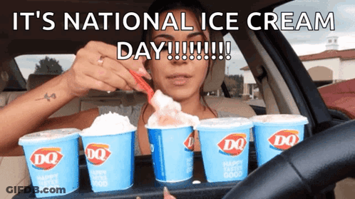 A Woman In A Car Is Eating Ice Cream From Dq Cups On National Ice Cream Day GIF