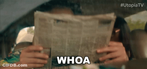 A Woman In A Car Reading A Newspaper With The Word Whoa Above Her Head GIF
