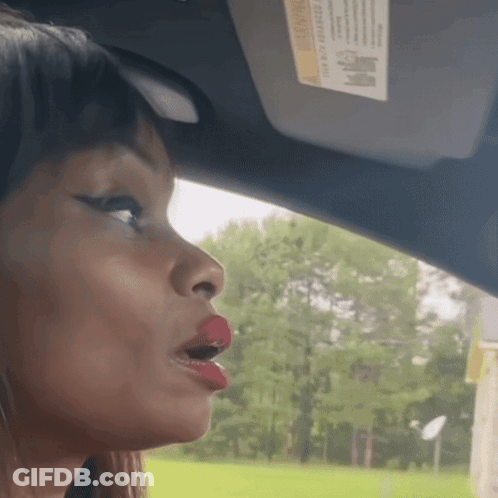 A Woman In A Car With A Sun Visor That Says " Warning " On It GIF