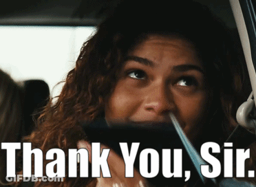 A Woman In A Car With The Words Thank You Sir Written Below Her GIF
