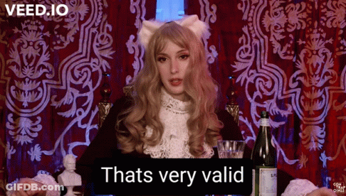 A Woman In A Cat Costume Says " Thats Very Valid " In Front Of A Bottle Of Wine GIF
