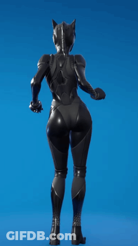 A Woman In A Cat Suit Is Standing On A Blue Background GIF