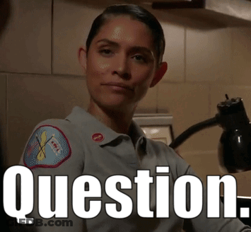 A Woman In A Chicago Fire Department Uniform Has The Word Question Above Her GIF