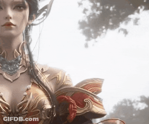 A Woman In A Costume Is Standing In Front Of A Tree In A Forest . GIF