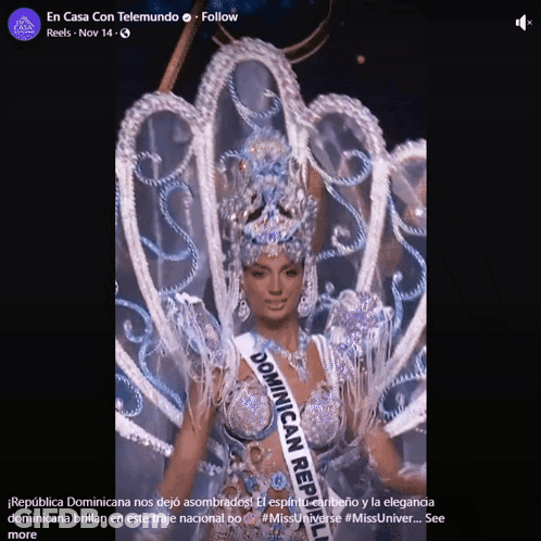 A Woman In A Costume With A Dominican Republic Sash On Her Chest GIF