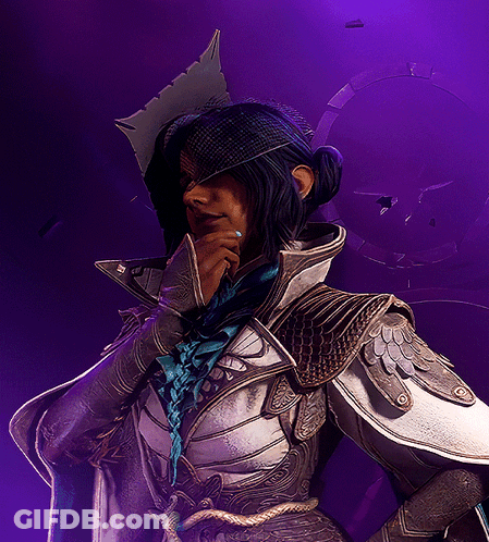A Woman In A Costume With A Purple Background Has Her Hand On Her Chin GIF